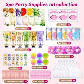 60PCS Spa Party Supplies for Girls, Include Face Masks, Hand Cream, Lip Balm, Foot Bath Bombs, Lip Mask, Under Eye Patches, Compressed Towels, Spa Birthday and Sleepover Party Supplies for Girls Women