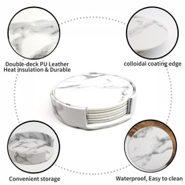 YUESUO Double-Sided Leather Coasters Set of 6 Pieces, Round Coasters for Drinks, Durable Non-Slip Insulative Waterproof Coasters Suitable for Regular Size Cups, Coffee Cups, Teacup (Marbling White)