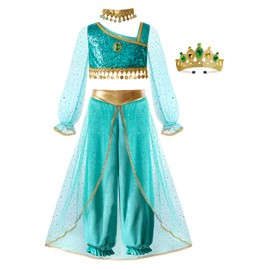 ReliBeauty 130 Princess Cosplay, Halloween, Costume, Children, Girls, Princess, Costume, Birthday, Christmas, Gift, Tiara, Choker, 4-piece Set, Green