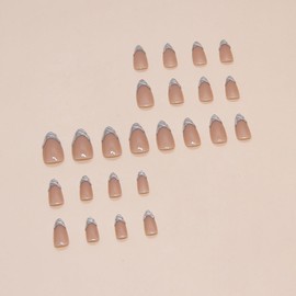 French False Nails Almond Press on Nails Medium Length 3D French Tip Fake Nails Silver Nails Full Cover Acrylic Nails Artificial Coffin Nails DIY Stick on Nails Set Glue on Nail for Women 24Pcs