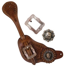 Showman Men's Tooled Leather Spur Straps w/Copper Praying Cowboy Conchos! New Horse TACK!
