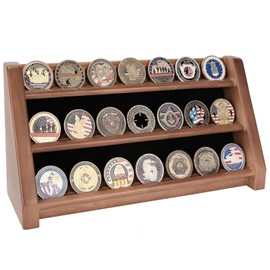 ASmileIndeep 3 Rows Solid Wood Military Challenge Coin Holder Display - Holds 21-24 Coins, Army Coin Rack Display Case Stand for Wall Mount or Tabletop, Walnut