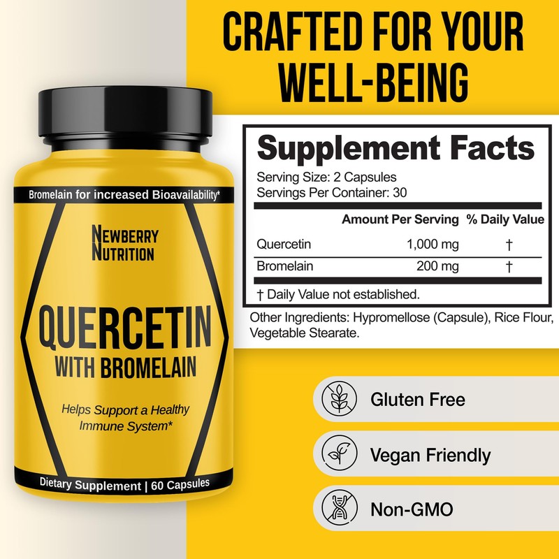 Newberry Nutrition Quercetin with Bromelain Supplement 1200mg, Quercetin 500mg Capsules,