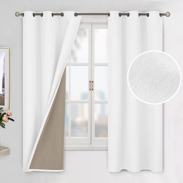 BGment Linen Textured 100% Blackout Curtains for Bedroom, Grommet Double Layers Thermal Insulation Room Darkening Curtains with Liner for Living Room, 2 Panels, 42 x 63 Inches, White