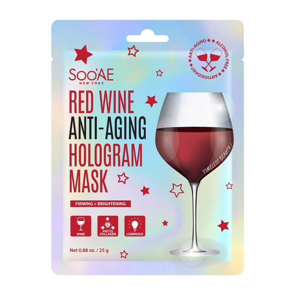 Soo'AE Red Wine Anti-Aging Hologram Mask 1 Count Vegan Collagen Antioxidants to Firm, Restore and Brightening Skin, Korean Beauty Sheet mask hydrate glow brightening premium facial mask face wrap foil kbeauty