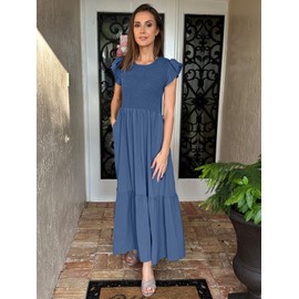 OFEEFAN Short Sleeve Dress Summer Smocked Dress Women Teacher Outfits Dusty Blue L