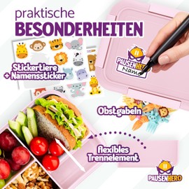 Pausenhero Children's Lunch Box with Compartments [Fruit Forks + Sticker Set Pink] Lunch Box School Snack Box with Compartments Bento Box Lunch Box Children's Lunch Box Adults Bento Box Children's