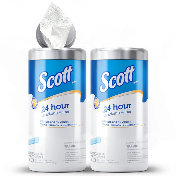 Scott 24 Hour Sanitizing Wipes – Multi-Surface Cleaning & Disinfecting, Continuous Sanitization for 24 Hours – (54478), 2 Canisters x 75 Count, 150 Wipes