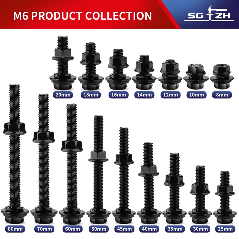 M6 x 10mm Flanged Hex Head Bolts, Nuts, Flat &