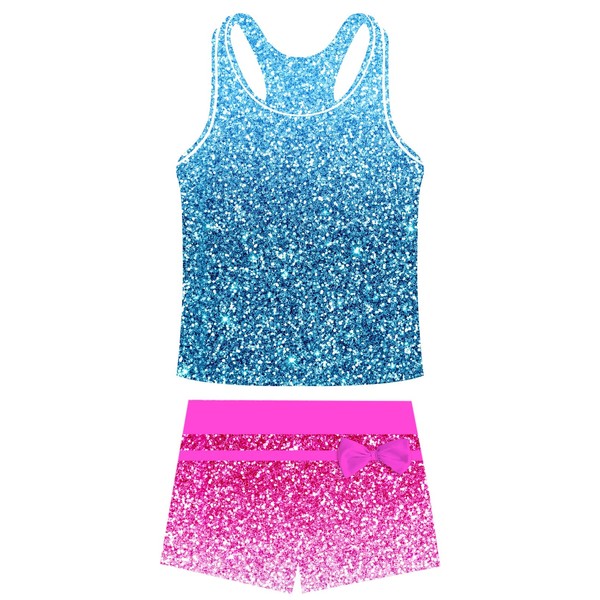 UNIFACO Girls Swimsuits Size 6-7 Blue Glitter Sparkles Tankini Boyshort