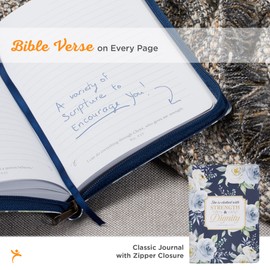 Christian Art Gifts Blue Vegan Leather Zipped Journal, Inspirational Women’s Notebook Floral Strength & Dignity Scripture, Flexible Cover, 336 Ruled Pages, Ribbon Bookmark, Proverbs 31:25 Bible Verse