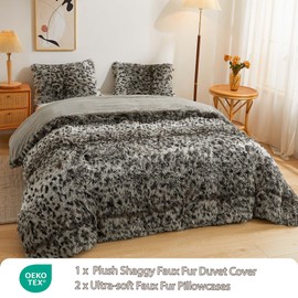 LIFEREVO Cheetah Print Faux Fur Duvet Cover Fluffy Bedding Set, 3 Pieces Soft Plush Fuzzy Comforter Cover Set(1 Shaggy Comforter Cover+2 Furry Pillowcases), Zipper Closure(King, Leopard Print Grey)