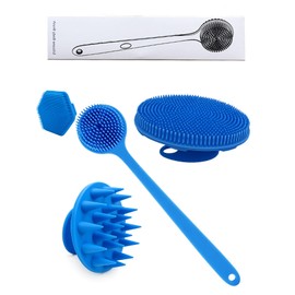 cepillo de silicona para cuerpo - 1 cepillo de limpieza de espalda de mango largo, cepillo de baño corto, cepillo para lavar el pelo y cepillo para lavar la cara, herramientas de limpieza (Blue1)