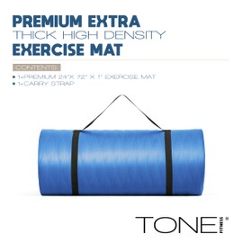 Tone Fitness Premium Extra Thick 1-Inch High Density Exercise Mat with Carry Strap – Non-Slip Workout, Pilates, and Yoga Mat for Home Gym - Color Blue - Mesh Pattern