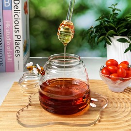 Pocaroty Honey Pot with Honey Stick, Cute, Full Water Capacity, 18.2 fl oz (520 ml), Stylish, Heat-resistant Glass, Honey Honey, Container with Lid, Canister, Breakfast Time, Candy Making, Home Party