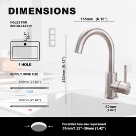 304 Stainless Steel Bar Sink Faucet, Bathroom Kitchen Faucet Brushed Nickel Prep Wet Small Mini Kitchen Bath Utility Marine Faucet Single Hole Farmhouse Vanity Lavatory Faucets (BKF-Brushed Nickel)