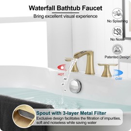 HOIGY Brass Waterfall Tub Faucet, 3 Hole Brushed Gold Bathtub Faucet Set, 6-16 Inch Widespread Deck Mount with 2 Handle & cUPC Supply Water Hoses for Roman Style, 20 Mins Quick Installation