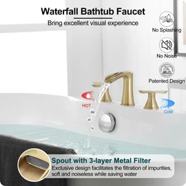 HOIGY Brass Waterfall Tub Faucet, 3 Hole Brushed Gold Bathtub Faucet Set, 6-16 Inch Widespread Deck Mount with 2 Handle & cUPC Supply Water Hoses for Roman Style, 20 Mins Quick Installation