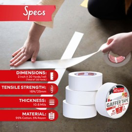 XFasten White Gaffers Tape 2 Inch x 30 Yards, Residue-Free Strong Adhesion (4-Pack 360-feet Total) Non-Reflective Cloth Matte White Tape for Walls, Cords, Bookbinding, Console, Photography