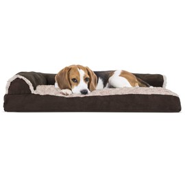 Furhaven Pet Bed for Dogs and Cats - Two-Tone Faux Fur and Suede L-Shaped Chaise Pillow Cushion Dog Bed, Removable Machine Washable Cover - Espresso, Medium