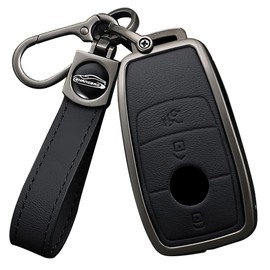 Ysbxitu 3 Buttons Zinc Alloy and Leather Smart Key Fob Cover with Keychain Remote Key Shell Case Compatible with Benz W177 W247 W205/S205/C205/A205 Key Sleeve Key Holder-Long Keychain Black