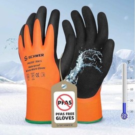Schwer 2 Pairs Waterproof Work Gloves for Men and Women CR3306, Gardening Gloves with Double Latex Coated, Non-slip Working Gloves for Garden, Outdoor Construction, Car and Fish Cleaning Safety Grip Acrylic Fiber - Color: Winter Waterproof Orange, Team N
