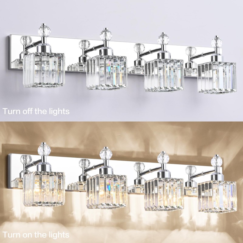 PRESDE Bathroom Vanity Light Fixtures, Modern Crystal Chrome 4 Light