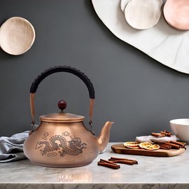 44oz SECHUDO Handmade Copper Tea Pot without Coating, Copper Tea Kettle with Tea Ball for Loose Tea, Chinese Style Classic Copper Teapot for Stovetop Safe, Dragon Pattern(1300ml)