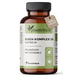 plantrition Eisen Komplex 28MG - komplett natürliches Eisen bei Eisenmangel + Vitamin C aus Acerola und Hagebutten (50MG) Alternative zu Eisentabletten, leichter zu schlucken - 60 Kapseln