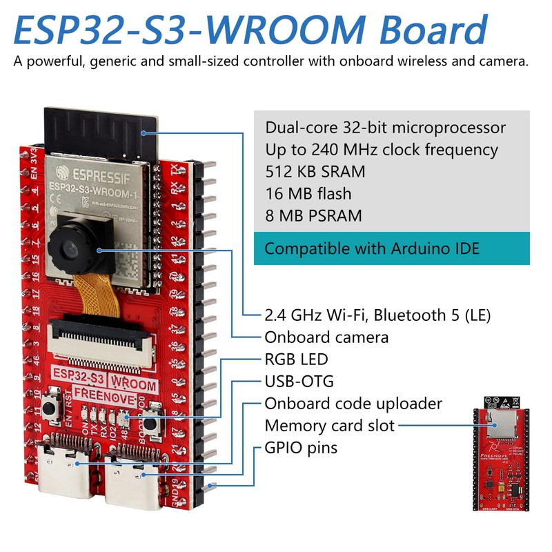 FREENOVE ESP32-S3-WROOM CAM Board (16 MB Flash), Dual-core 32-bit 240