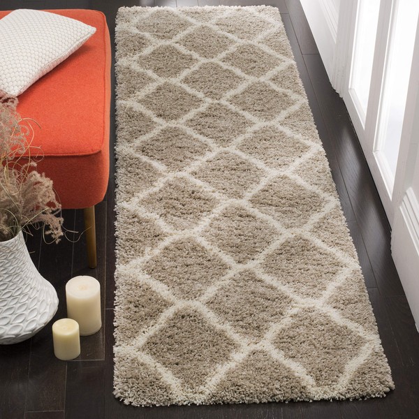 SAFAVIEH Hudson Shag Collection SGH283S Moroccan Trellis Non-Shedding Living Room Bedroom Dining Room Entryway Plush 2-inch Thick Runner, 2'3" x 8' , Beige / Ivory