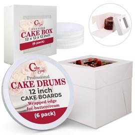 Cakebon Cake Boxes with Boards - 12 Inch Round Cake Drum White (6-pack) - Box With Window for Birthdays, Weddings and Parties
