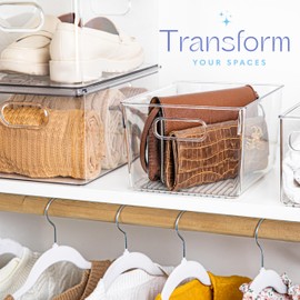 Plastic Food Storage 2 Pack Clear Container Bin with Handles for Organizing Kitchen, Pantry, Refrigerator, Freezer, Pantry, Cabinet, Closet, Bathroom. 10”x7.5”x5.3”