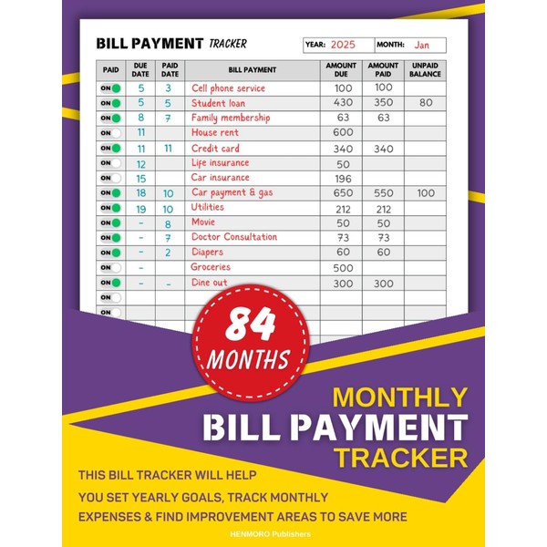 Monthly Bill Payment Tracker: 84 Months or 7 Years of