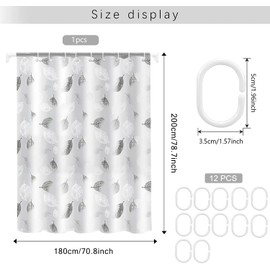 WOODFIB Shower Curtain, 100% PEVA Waterproof Anti-Mould Proof Resistant, Quick-Drying, Washable Bathroom Curtain, Includes 12 Pcs Curtain Hooks, 180 x 200 cm (Foliage)