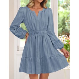 ZESICA Fall Long Sleeve Mini Dresses for Women 2025 Lightweight V Neck High Waist A Line Flowy Swing Casual Party Dress Dusty Blue Medium