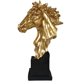 CSjihua 12.8 Inch Golden Horse Head Trophy - Elegant Equestrian Sculpture Statue with Black Base, Resin Animal Figurine Award for Home Office Desk Decor