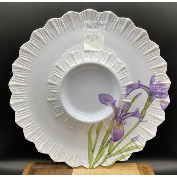 SHABBY CHIC MELAMINE Scalloped Edge Purple Iris Veggies and Dip