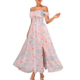 2025 Women's Summer Sleeveless Off Shoulder Floral Flowy A Line Maxi Dresses Light Blue Pink L