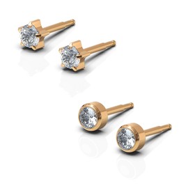 NINA Medikal Baby Earrings Set 2 Pairs Hypoallergenic Surgical Stainless Steel with Crystals (Gold Plated Stainless Steel)