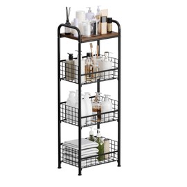 wonline 4 Tier Slim Metal Storage Cart with Walnut Wood Top Kitchen Organizer Shelf Fruit Basket Stand for Small Spaces Office Bathroom Laundry Room