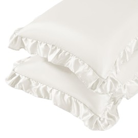 NSGZ Ruffled Satin Pillowcase Set of 2, Standard Size Silky Pillow Shams for Hair and Skin Care, Ivory White Satin Pillow Covers with Envelope Closure, Anti Wrinkle Pillow Cases for Classic Room Decor