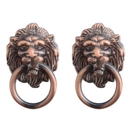 Lion Head Knobs Pull Dresser Drawer Cabinet Door Ring Head Pulls Antique Lion Head Pulls Knob (Red Copper Tone) 2Pack