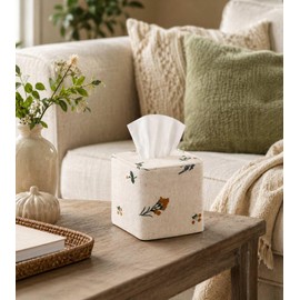 Livelab Cotton Tissue Box Cover Square, Morden Tissue Box Holder with Embroidery Flowers, Stylish Tissue Case Facial Paper Cube Cover for Your Home, Officce and Bathroom | Beige Flower