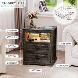 FONTOI Farmhouse Nightstand, End Table with Drawers, End Table with Charging Station, Bedside Table with 3 LED Lights Modes, Wood Nightstand with Smart Human Sensor for Bedroom, Brown