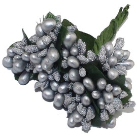 Tvoip 144PCS/lot Mulberry Party Artificial Flower Stamen Wire Stem/Marriage Leaves Stamen Wedding Box Decoration (Silver)