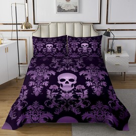 Adults Salmon Violet Damask Bedspread Set Antique Victorian Baroque Quilt Set King,Gothic Vintage Floral Coverlet Set Exotic Sugar Skull Bedding Set,Gothic Bone Skeleton Bohemian Decor,Dark Purple