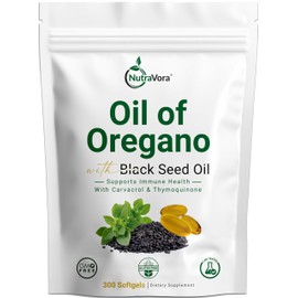 NutraVora Oil of Oregano with Black Seed Oil Capsules – Natural Immune & Respiratory Support Supplement – High Potency with Carvacrol & Thymoquinone – Non-GMO, Gluten-Free, Lab Tested – 300 Softgels