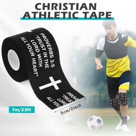 TrelaCo 1 Pcs Christian Athletic Tape 2in x 23ft Cotton Sport Tape Athletic Serrated Edges for Fingers Ankles Wrist Injury Wrap, Football Baseball Hockey Soccer(Proverbs 3:5,Black)