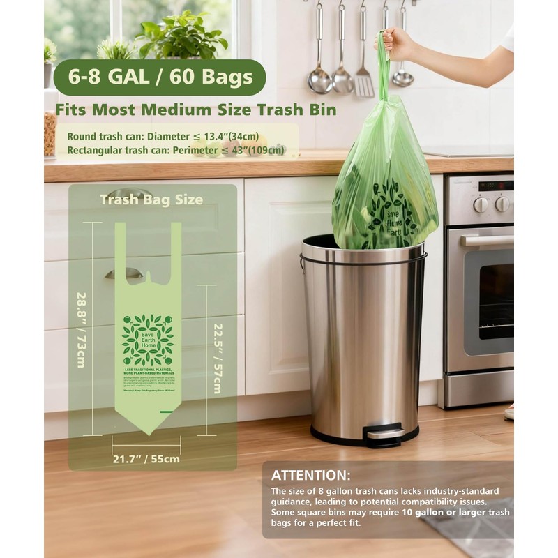 6-8 Gallon Kitchen Trash Bags With Handle Tie 60 Packs